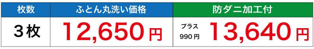 羽毛ふとん3枚限定丸洗い価格表